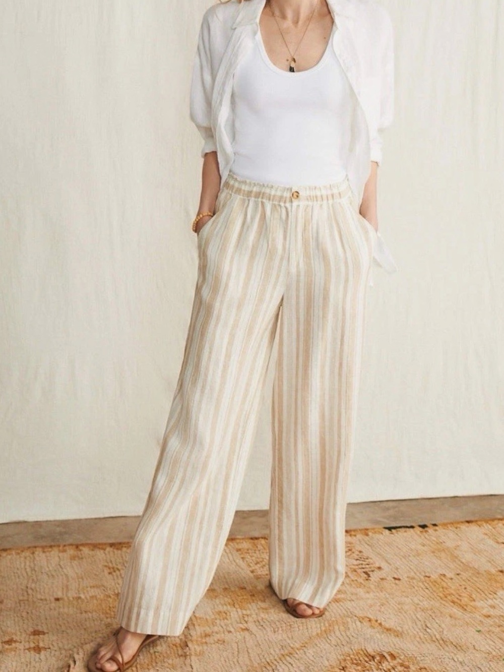Faherty Beige and Cream Striped Wide-Leg Pants